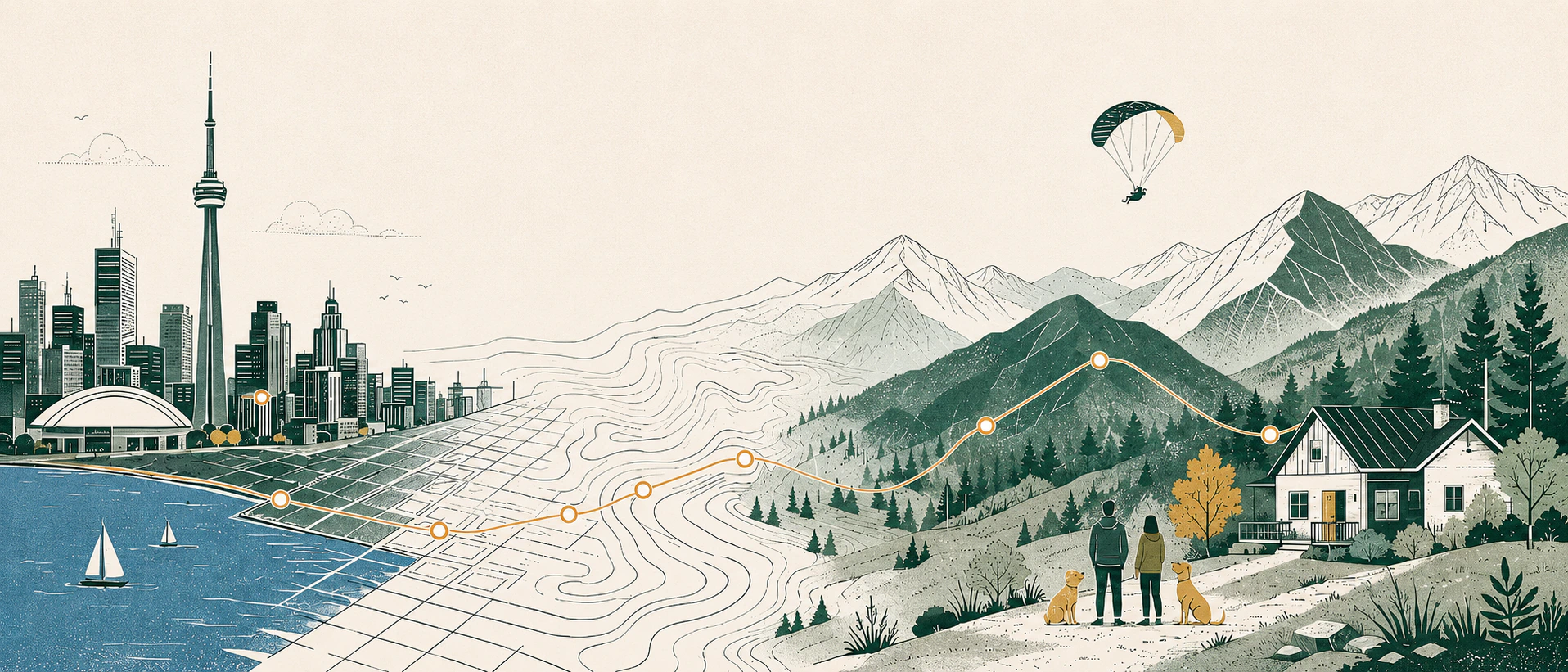 An illustrated journey from Toronto's skyline and Lake Ontario across topographic contours to the mountains and Justin's home in Nelson, with Jamie, Hannibal, Harper, and a paraglider overhead.